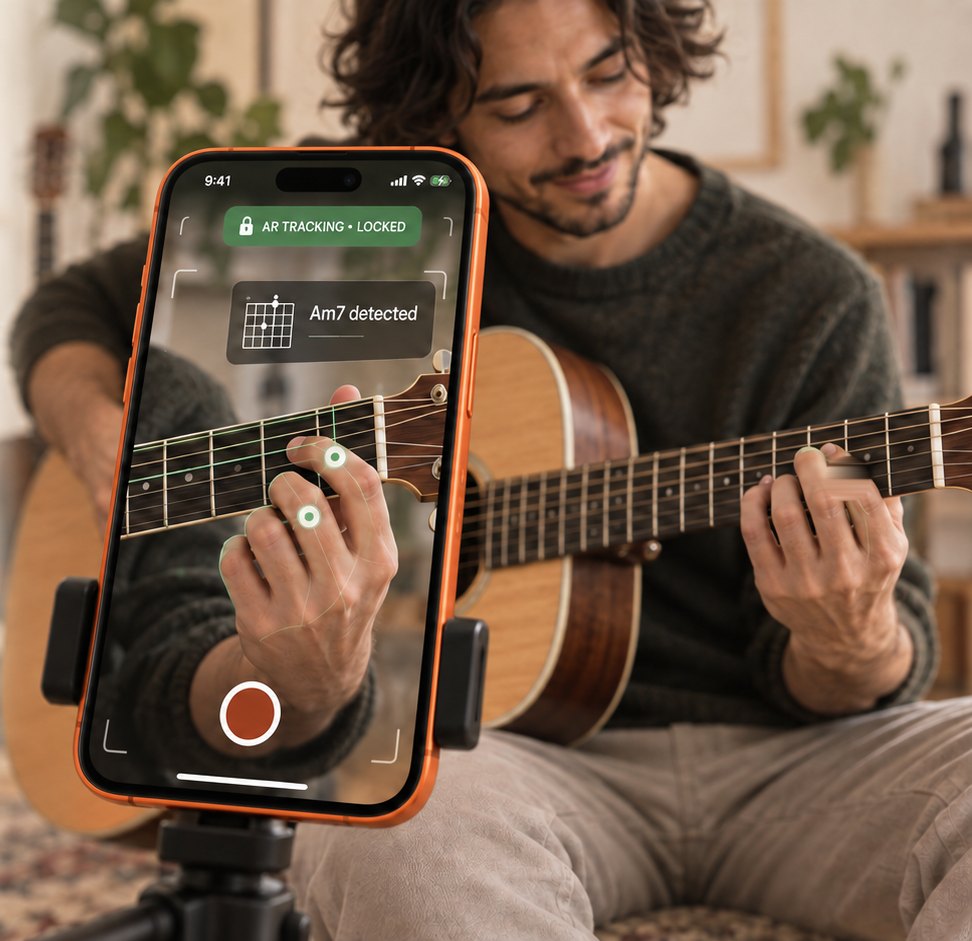 A guitarist plays an acoustic guitar while an iPhone on a small tripod films the fretboard. The phone screen shows the neck with glowing points on the fretting fingers and a detected chord label.