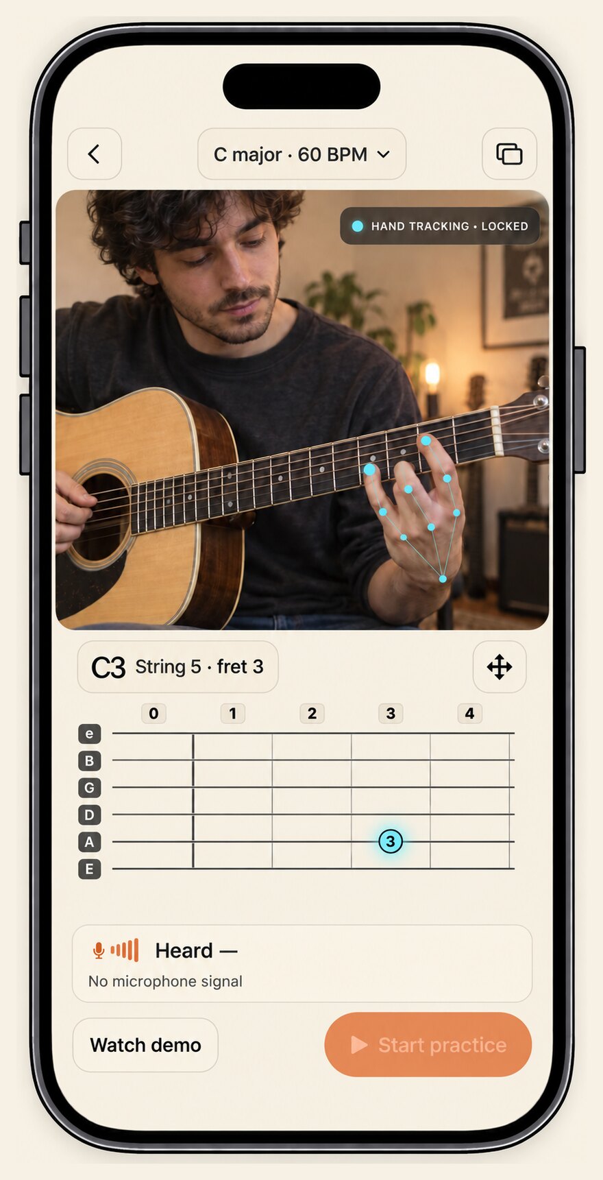 Practice screen on an iPhone: the camera shows a guitarist fretting a note with cyan tracking points on his fingers and a Hand tracking locked badge. Below, a readout says C3, string 5, fret 3, a fretboard grid highlights fret 3 on the A string, a Heard card reports no microphone signal, and Watch demo and Start practice buttons sit at the bottom.