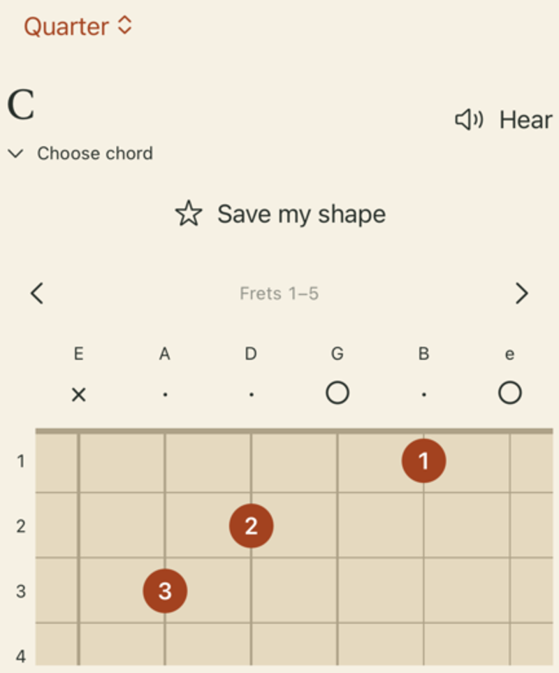 Create song screen with a C chord on a large fretboard, finger numbers 1, 2, and 3, and a Hear button.
