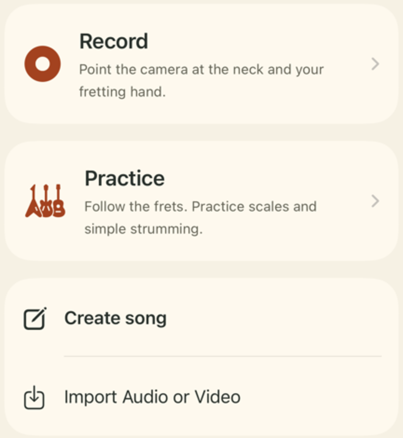 Home screen with Record, Practice, Create song, and Import Audio or Video.